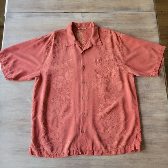 Tommy Bahama Mens Silk Hawaiian Shirt Pink Floral Camp Button Up Sz XL - Picture 2 of 8